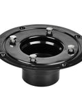 Close-up of PVC flange from Low Profile 4-1/4 Inch Square Shower Drain Kit With 304 Stainless Steel Base, Nickel Brushed Grate