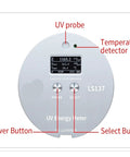 Ultra Slim UV Radiometer For UV LED Light Sources That Measures UV Intensity Energy And Temperature At The Same Time UVA Range 340 420nm Compact Portable Light Meter For Tight Spaces And Photography, round front view