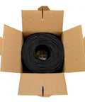 Cat6 Ethernet Cable 1000ft Bulk 550MHz High Speed Internet For Gaming, Streaming, Office And Home Use, 23AWG Solid CCA UTP, No Lag Gigabit Network, Pull Box, Black visible inside an open box.