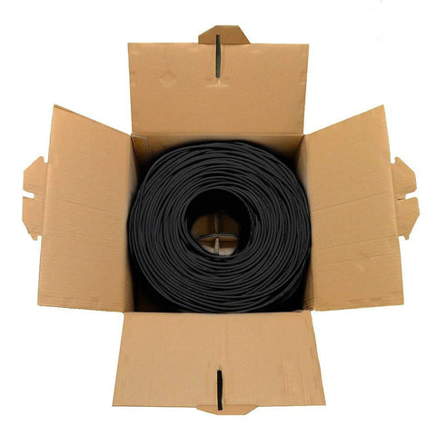 Cat6 Ethernet Cable 1000ft Bulk 550MHz High Speed Internet For Gaming, Streaming, Office And Home Use, 23AWG Solid CCA UTP, No Lag Gigabit Network, Pull Box, Black visible inside an open box.