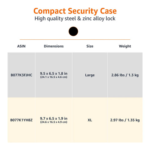 Size comparison chart for Beefy Portable Lock Box Safe With Combo Lock For Valuables And Docs, Heavy-Duty Anti-Pry Steel, Foam-Padded Interior, Travel Ready XL Security Case For Dorm Rooms, Discreet Black, showing dimensions, weight, and two sizes: Large and XL.