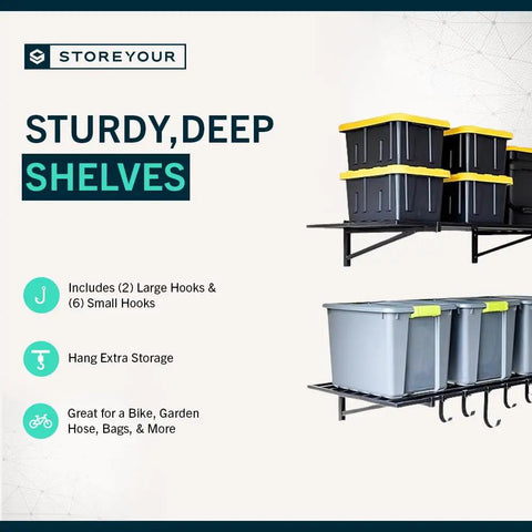 No Sweat Organizing Rock Solid Heavy Duty Wall Mounted Garage Shelves Two Pack 2X4 Ft Black Steel Storage Rack With Six Hooks Supports Four Hundred Pounds For All Your Tools And Home Workshop Storage Projects