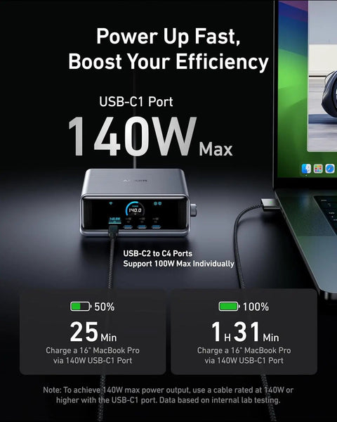 Prime 250W GaN USB C Charging Station with Six Ports shown connecting a MacBook and displaying charging times on LCD.