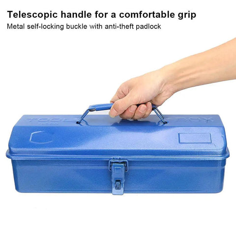 Heavy Duty Iron Tool Chest Organizer With Secure Padlock Clasp And Dual Carry Grips shown being carried with a telescopic handle.