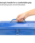 Heavy Duty All Steel Iron Toolbox Featuring A Bulletproof Self Locking Buckle And Smooth Retractable Telescopic Handle in use.