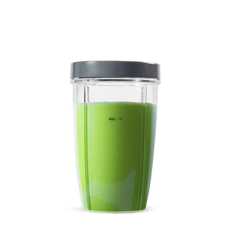 24 Ounce Tall Cup With Standard Lip Ring For Personal Blenders On The Go, BPA Free Tritan, Clear With Gray Lip Ring, Dishwasher Safe Replacement Cup Fits 600 Series And Pro Plus Pro Models filled with green smoothie