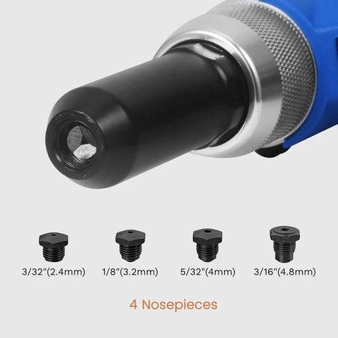 Close-up of Pneumatic Blind Rivet Gun Kit With Self Priming Action, showing four quick change nosepieces for different rivet sizes.