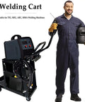 3 Tier Welding Cart With 360 Degree Swivel Wheels For MIG TIG Plasma Cutter Welder Kit in garage setting with worker