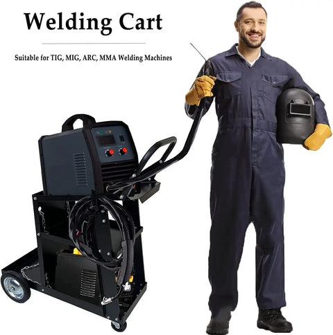 3 Tier Welding Cart With 360 Degree Swivel Wheels For MIG TIG Plasma Cutter Welder Kit in garage setting with worker
