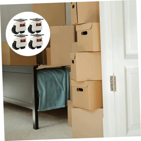 Heavy Duty Leveling Caster Wheels Featuring Silent Polyurethane Rollers And Fully Adjustable Square Mount Plates For Solid Job Ready Workshop Gear And Machine Stands 4 Pack beside stacked boxes.
