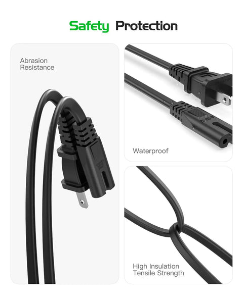 Two Prong AC Charger Cord For JBL Partybox 110 120 310 320 300 1000 710 And ONN 100008736 100008734 100094813 Replacement Power Supply ETL Listed Cable For On The Go Speakers, showcasing abrasion resistance, waterproof design, and high insulation tensile strength.