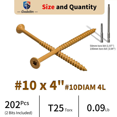 4 Inch Wood Screws 200 Piece Set For Deck And Fence Projects Exterior Construction Screws With Rust Resistant Anti Corrosion Coating Serrated Torx Threads Includes 2 T25 Star Bits Yellow Finish