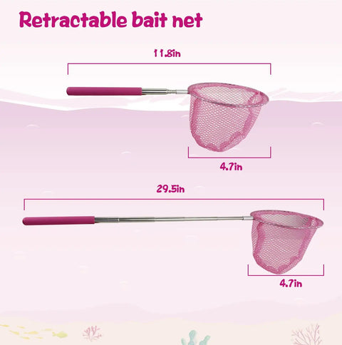 Retractable pink net from Kids Fishing Pole Set With Rod And Reel Combo Tackle Box Lures Net Bag Pink 59 Inch Sweet Starter Kit