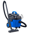 4 Gallon Wet Dry Vacuum With 5 Peak HP Two Stage Industrial Motor Workhorse Shop Vacuum For Home Garage 18 Foot Cord Auto Rewind Onboard Accessory Storage Secure Hose Fit Durable Blue VF408 showcased.