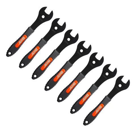 7-piece Bike Cone Wrench Set 13mm To 19mm displayed, heavy-duty carbon steel, ergonomic handles for bicycle maintenance