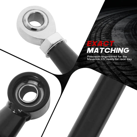 Close-up view of Can Am Maverick X3 Rear Radius Rods 64 Inch Heavy Duty Pre Adjusted Steel With Heim Joints High Clearance Offset