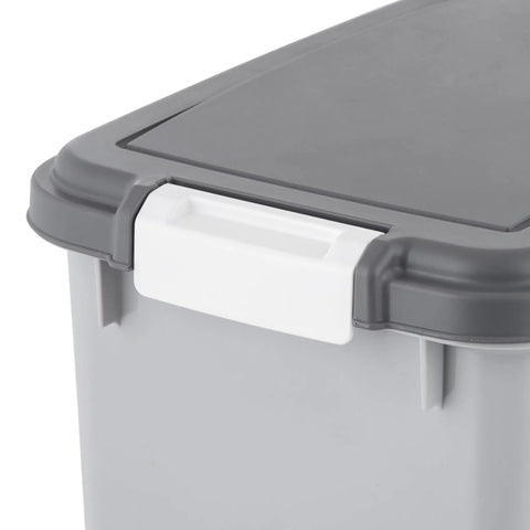 Close-up of gray Pet Food Storage Canisters Set With Wheels, Airtight Kibble Containers For Dogs And Cats, lid detail
