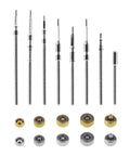 162 Piece Watch Repair Kit With Copper Stainless Steel Crowns And Stem Extenders displayed in 9 sizes for DIY watch repairing