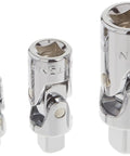 Universal Joint Socket Set 3 Piece With Chrome Finish, Corrosion Resistant, showing varying sizes and flexible joints, front view.