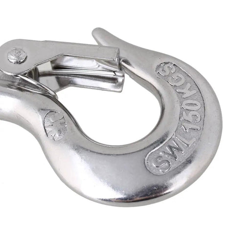 Close-up of Bulletproof 304 Stainless Steel Swivel Eye Lifting Hook With 360 Degree Spin and round loop, rated 150 kg.