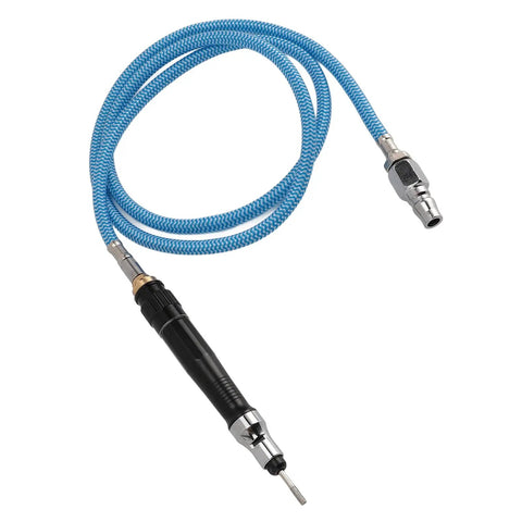 Heavy Duty Air Powered Pencil Die Grinder With 70000 RPM And 3 MM Collet, black handle with flexible blue hose for precision tasks.
