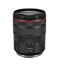 Front view of RF 24-105mm F4 L IS USM Zoom Lens For EOS R Series Mirrorless Cameras, black with red accents, compact design