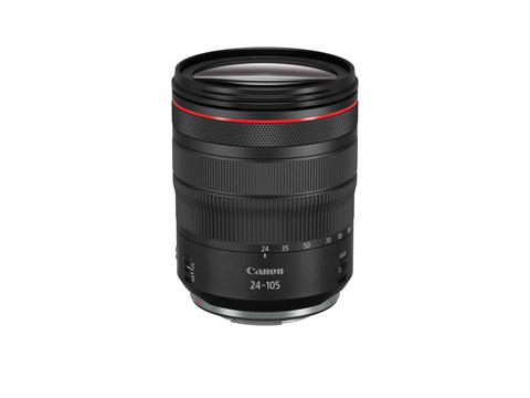 Front view of RF 24-105mm F4 L IS USM Zoom Lens For EOS R Series Mirrorless Cameras, black with red accents, compact design