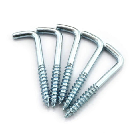 Hardcore Zinc Plated Square Bend Hooks M5 Lag Screws 25 Pack heavy duty carbon steel fasteners, showcasing five square bend hooks.