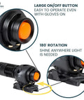 350 Lumen Tactical Helmet Light With 3 Modes ARC Rail Mount, featuring a large orange button and 180° rotation capability.