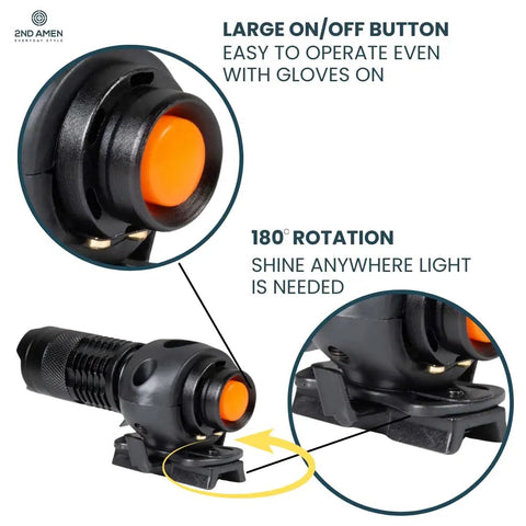 350 Lumen Tactical Helmet Light With 3 Modes ARC Rail Mount, featuring a large orange button and 180° rotation capability.