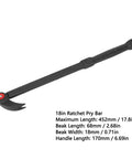 Extendable Indexing Pry Bar To Rip Off Stubborn Tire Beads And Clean Alloy Rims Smooth Heavy Duty CR V Steel Build With Knuckle Guard Comfy Grip Grease Monkey Shop Essential, 18in ratchet pry bar with tapered tip.