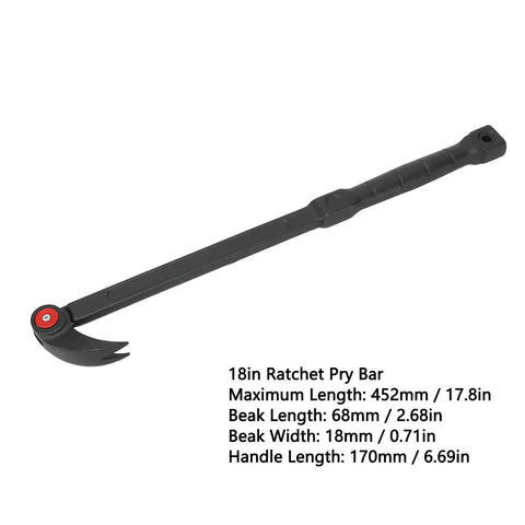 Extendable Indexing Pry Bar To Rip Off Stubborn Tire Beads And Clean Alloy Rims Smooth Heavy Duty CR V Steel Build With Knuckle Guard Comfy Grip Grease Monkey Shop Essential, 18in ratchet pry bar with tapered tip.