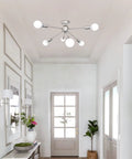Hallway view with Sputnik Chandelier Light Fixture Six Lights In Brushed Nickel For A Modern Dope Living Room Bedroom Kitchen And Dining Area Mid Century Starburst Design Pre Wired Arms For Easy Ceiling Install