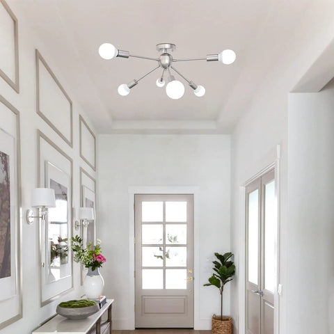 Hallway view with Sputnik Chandelier Light Fixture Six Lights In Brushed Nickel For A Modern Dope Living Room Bedroom Kitchen And Dining Area Mid Century Starburst Design Pre Wired Arms For Easy Ceiling Install