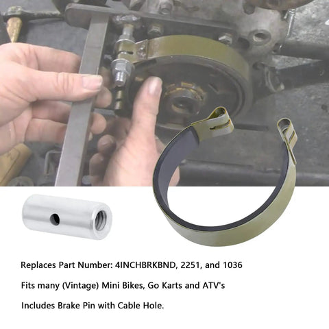 4 Inch Brake Band With Pin Kit for Vintage Mini Bikes Go Karts and ATVs, steel band, cable hole pin, installation view
