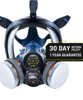 Front view of Workhorse Full Face Respirator Mask for Work and Survival with dual filters, anti-fog lens, return policy text.