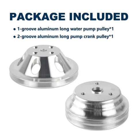 Package contents of Beefy Aluminum Small Block Chevy Water Pump With 1 Groove Long Pulley And 2 Groove Crankshaft Pulley LWP Kit