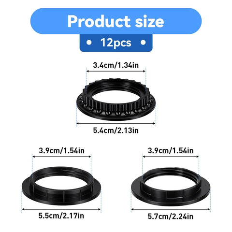 12 Pack E26 E27 Lamp Shade Rings Replacement Kit, showing 3 styles, 2 sizes 34mm and 39mm, black socket collar rings