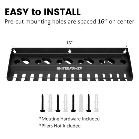Vise Grip Holder Wall Mount Rack For Pliers And Vises with pre-cut holes and mounting hardware included, 16-inch size.