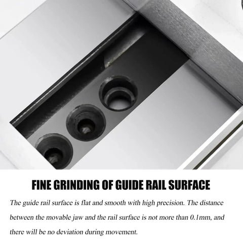 Close-up of guide rail surface of Premium 5-Inch Bench Vice With HRC62 Hardened Alloy Steel Construction for CNC machining.