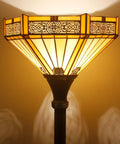 Yellow Hexagon Tiffany Floor Lamp With Stained Glass Mission Shade, 71 Inch Torchiere Standing Lamp For Living Room
