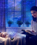 Starry Night Sky Projector For Bedroom With Ocean Wave Light, illuminating a room while a child sleeps and a woman reads.
