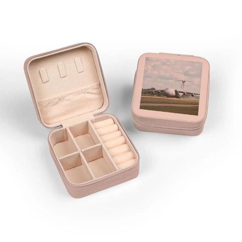 Open Pink Air Force C Five A Galaxy Inspired Jewelry Travel Case Compact 4 By 4 Inch With Plush Interior and compartments