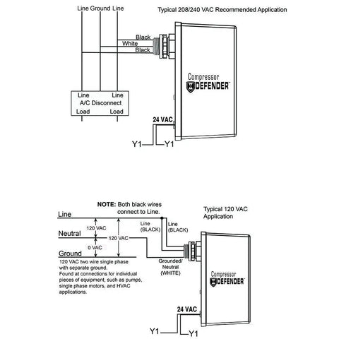 Wiring diagrams for CD1-024R Compressor Defender installation with Auto-Sense 120-240 VAC and LED indicators, UL Listed Safety