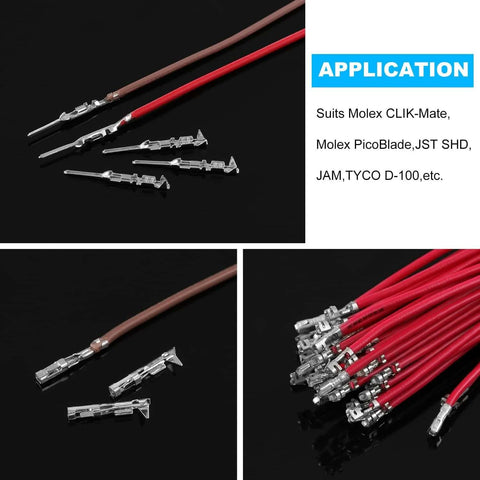 Knoweasy Micro Molex crimp terminals with red wires; close-up and bundle views of metal contact pins for Molex/JST/JAE