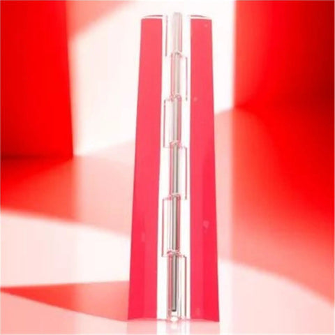 Self Adhesive Piano Hinge clear folding long hinge for boxes furniture cabinets, shown upright with red background