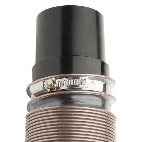 Close-up of Two And A Half Inch Swivel Hose Adapter For Shop Vacuums, 360 Degree Dust Collection Fitting, attached to a hose.