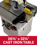 Shop Ready 5 HP Spindle Shaper With 230V Single Phase Motor Featuring Four Killer Speed Settings And A Sweet Cast Iron Worktable plus cast iron table dimensions 26¾" x 32¼".