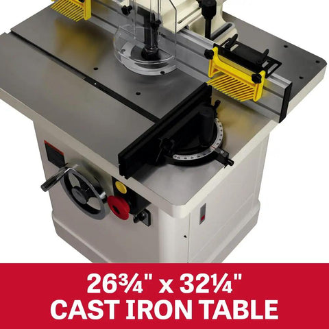 Shop Ready 5 HP Spindle Shaper With 230V Single Phase Motor Featuring Four Killer Speed Settings And A Sweet Cast Iron Worktable plus cast iron table dimensions 26¾" x 32¼".