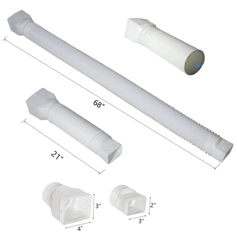 White Downspout Extender 21 To 68 Inch Flexible Rain Gutter Extension Drain Spout Connector with dimensions and connectors